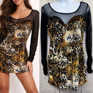 Y2K Whimsigoth Grunge Leopard Mesh Mini Dress Sheer Goth M Night Out Stretch